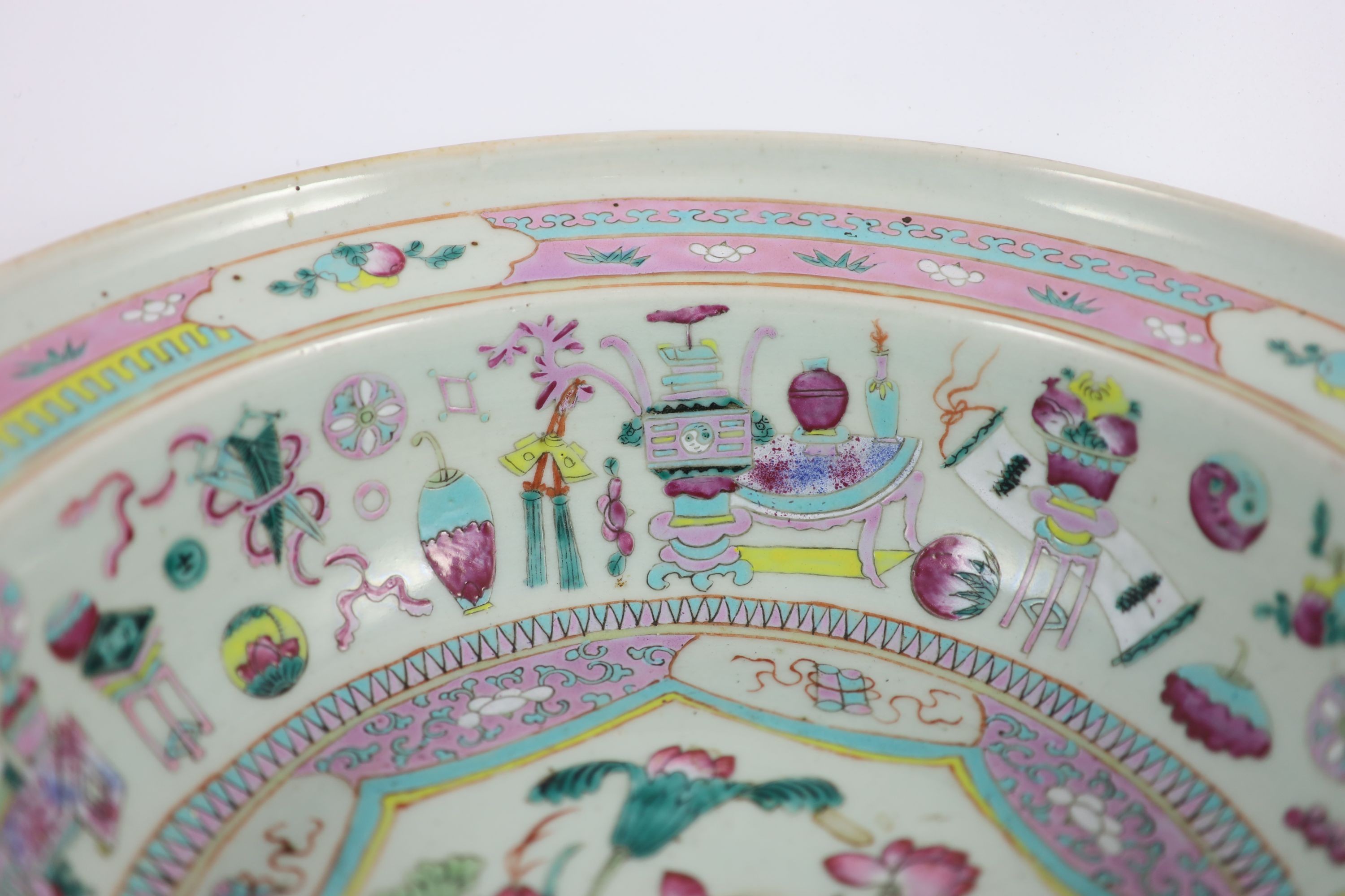 A Chinese famille rose wash basin, mid 19th century, 37.5 cm diameter, over-glazed firing crack